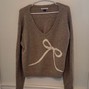 American Eagle Outfitters Brown V-Neck Sweater with White Bow